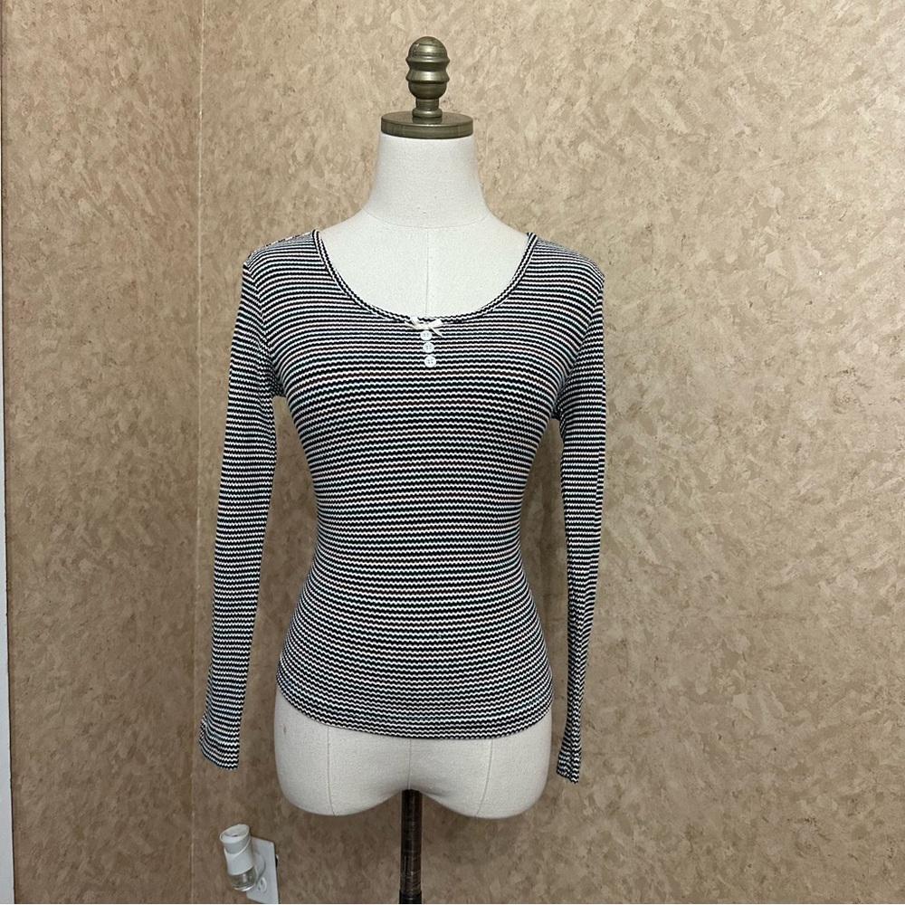 VTG Y2K 90s Striped Bow Tie Button Thermal Ribbed Fitted Henley Style Top